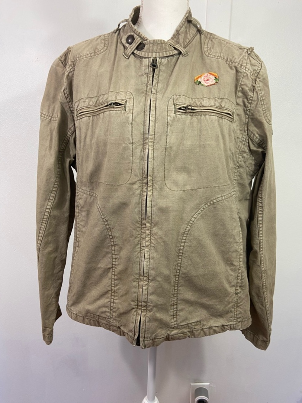 Our Lady of Guadalupe Virgin Mary Upcycled Jacket Womens Medium Green Bomber Y2K - Picture 3 of 14